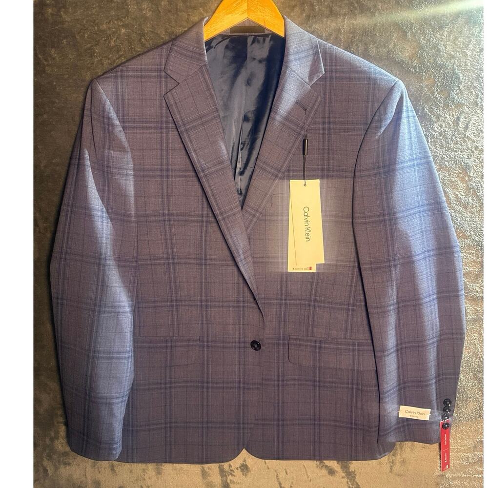 NWT Calvin Klein Malbin X Slim Fit Suit Jacket Blazer 44S 44 Short Blue Plaid